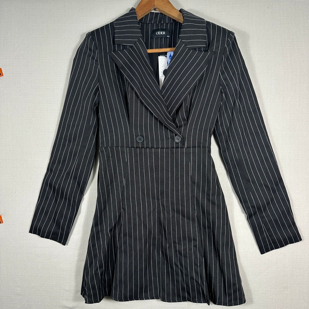 Cider Blazer Dress Womens XXS Black New Pinstripe Double Breasted Mini